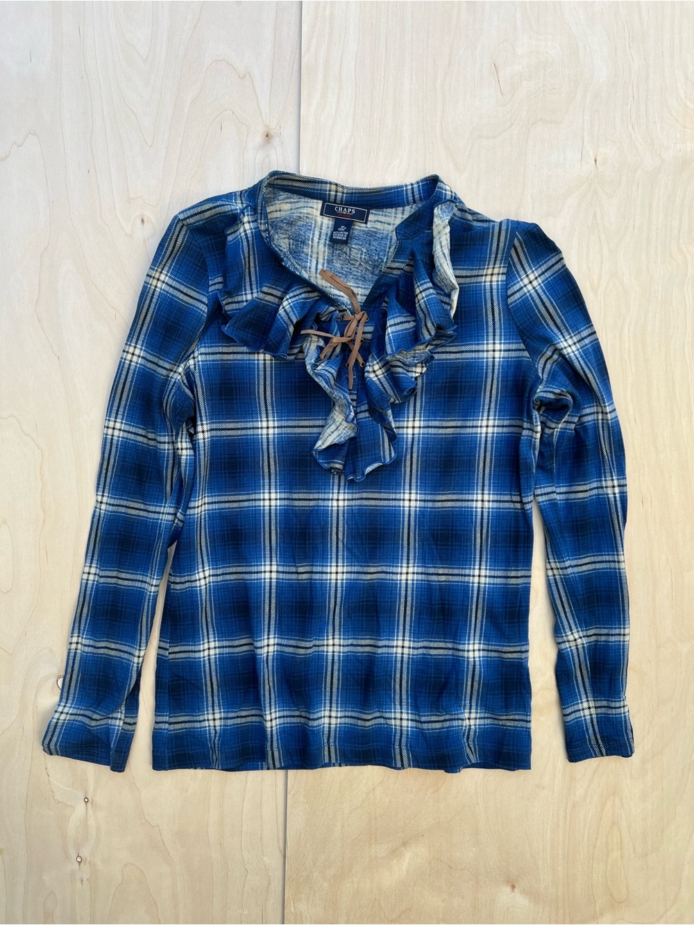 Chaps Blue Plaid Lace-Up Ruffle Top